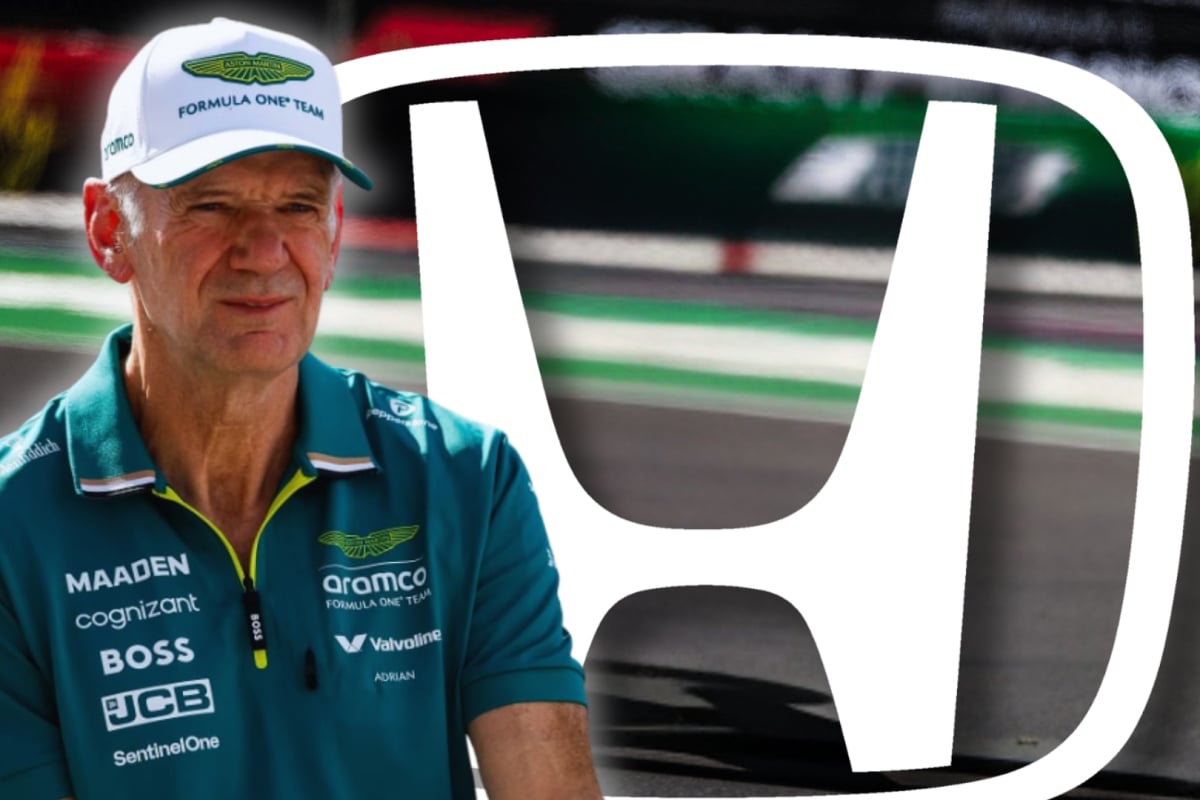Newey looking serious in Aston Martin F1 kit with circuit background and white Honda logo edited over it