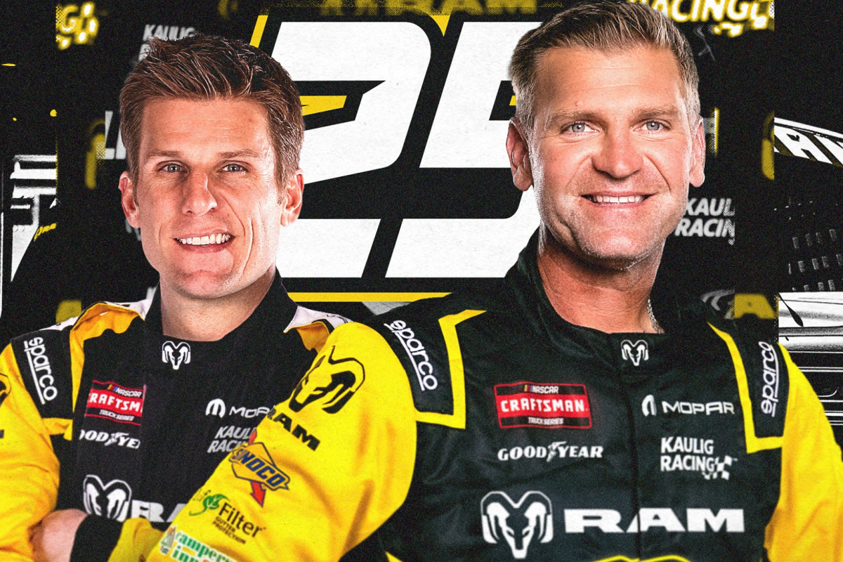 A composite graphic of Clint Bowyer and Jamie McMurray in Kaulig Racing Ram race suits