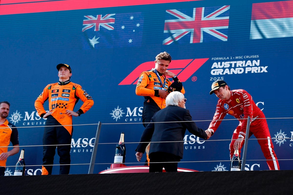 austrian gp, podium, oscar piastri, lando norris, charles leclerc, bernie ecclestone