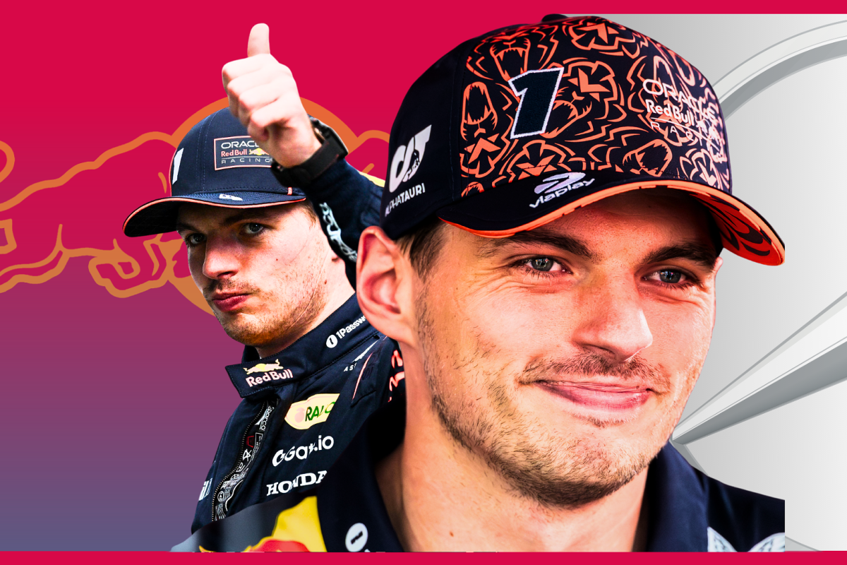 Composite image of a happy Verstappen with Red Bull and Mercedes logos behind him