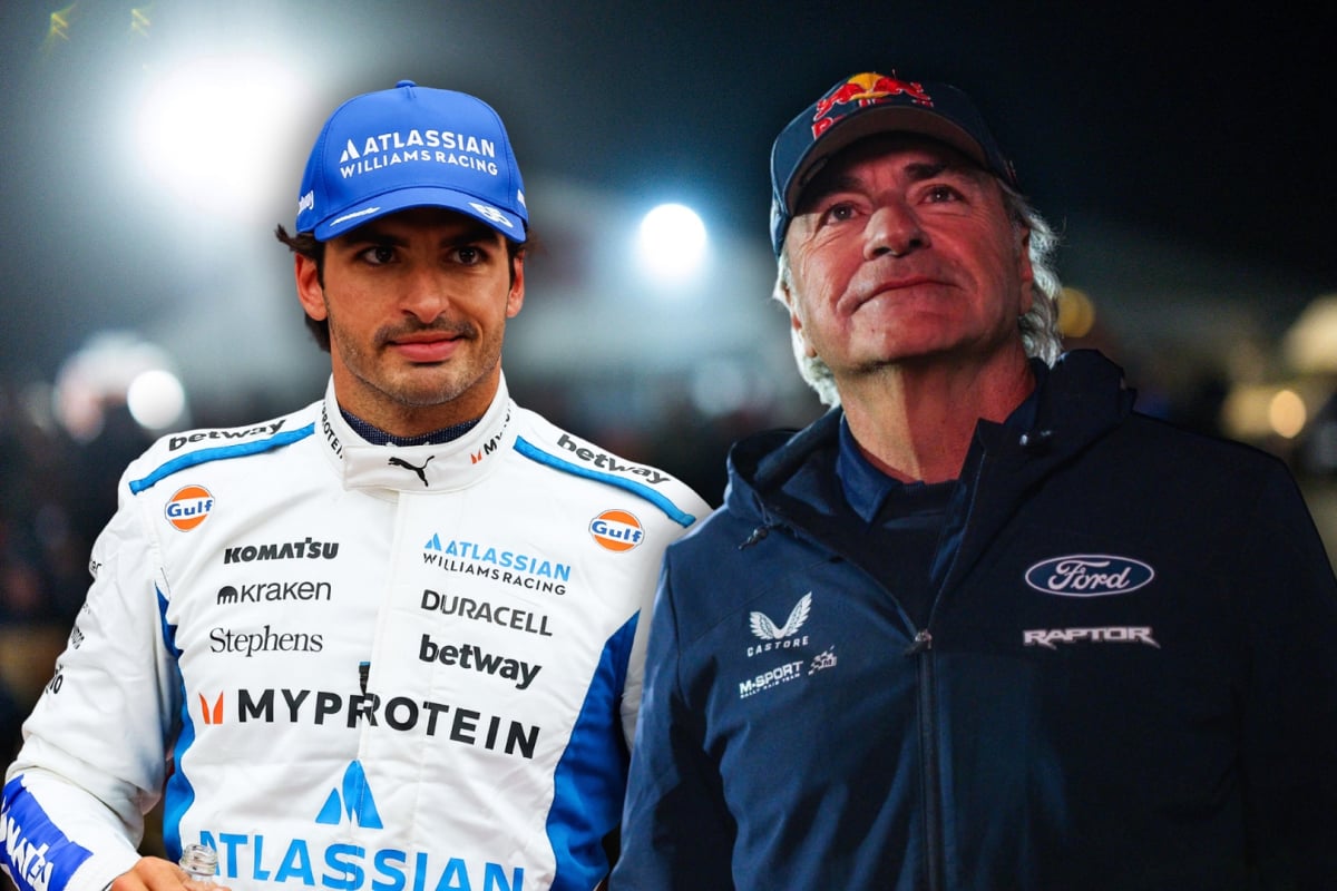 Edited headshots of Carlos Sainz next to Carlos Sainz Sr, both smiling against a floodlit background