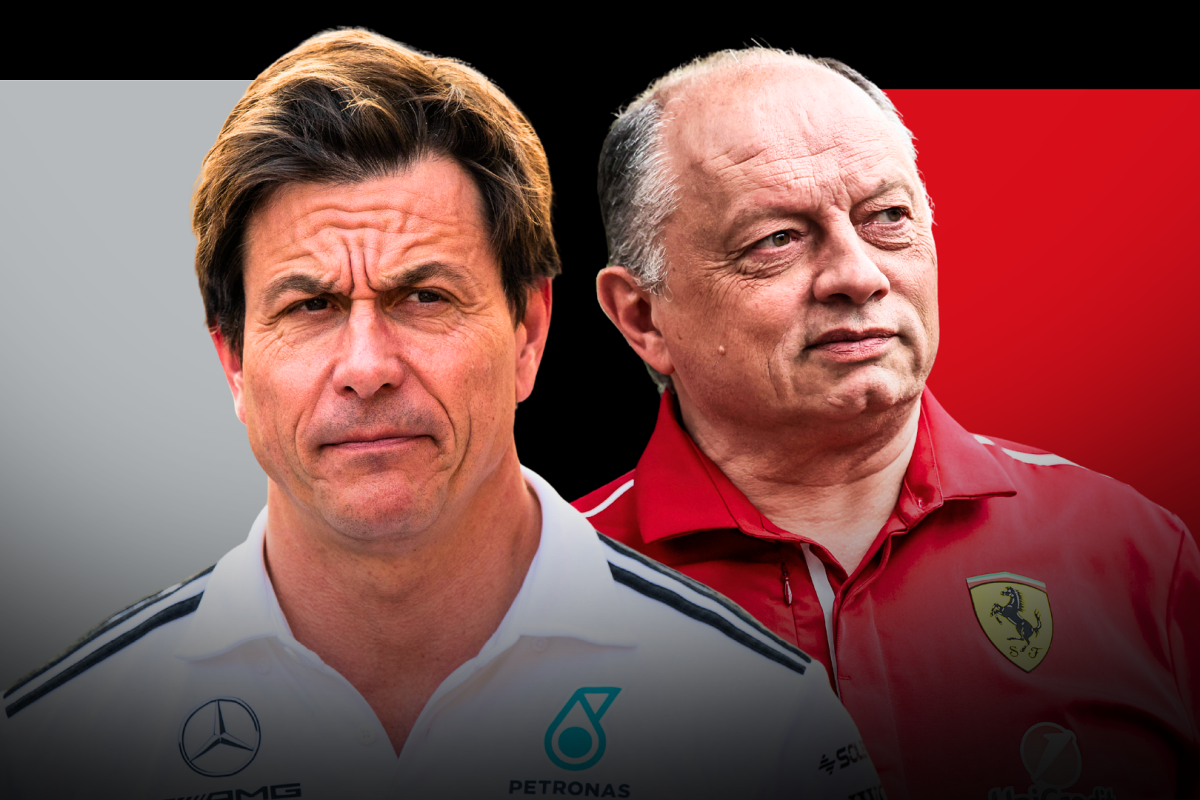 grey, black and red rectangular background with angry Wolff and happy Vasseur edited in front of it