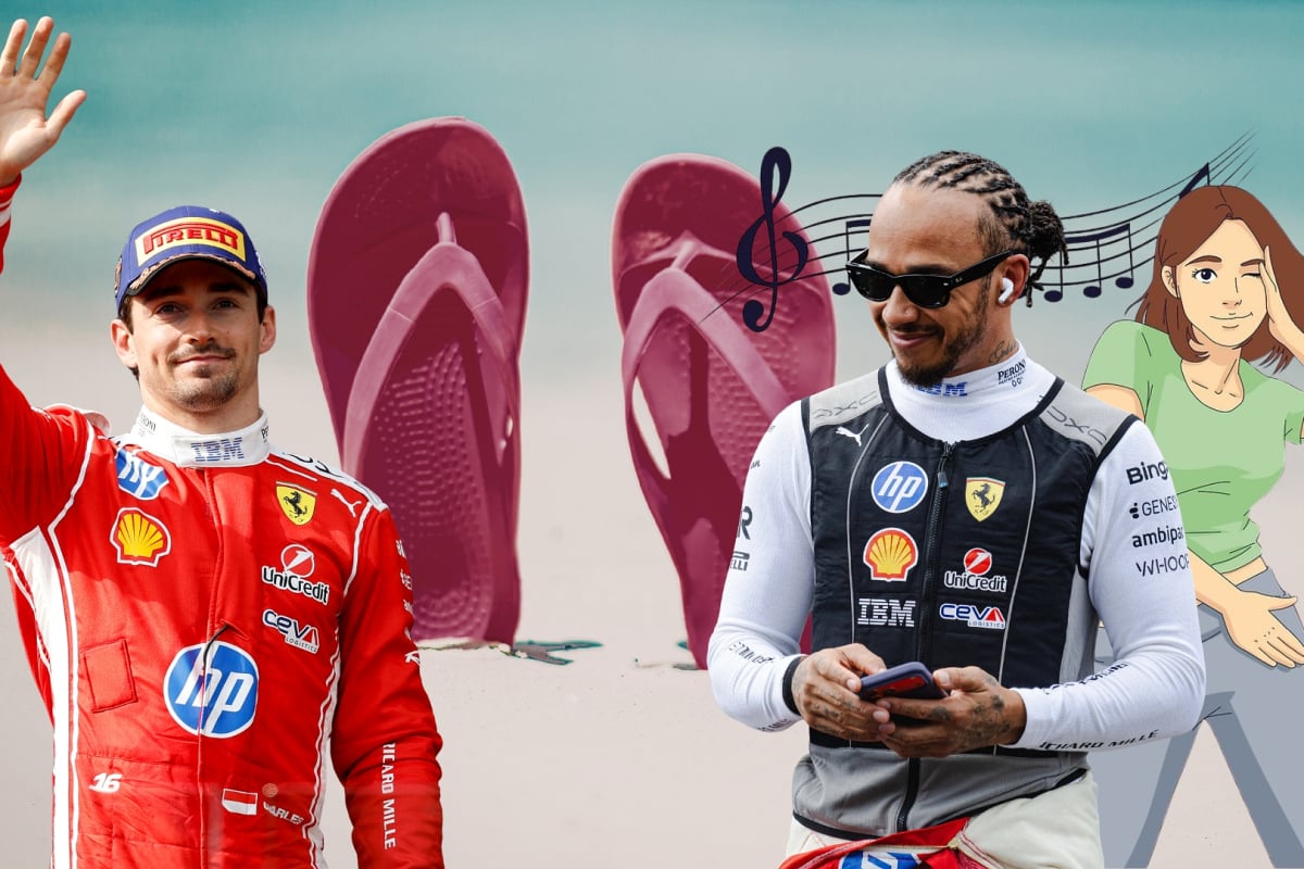 Charles Leclerc and Lewis Hamilton smile and wave while a girl does the macarena to the side of them - flip flops are dug into the beach behind them