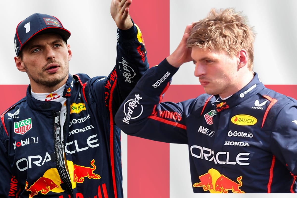 Two quizzical looking Max Verstappens are pictured with a backdrop of the England flag