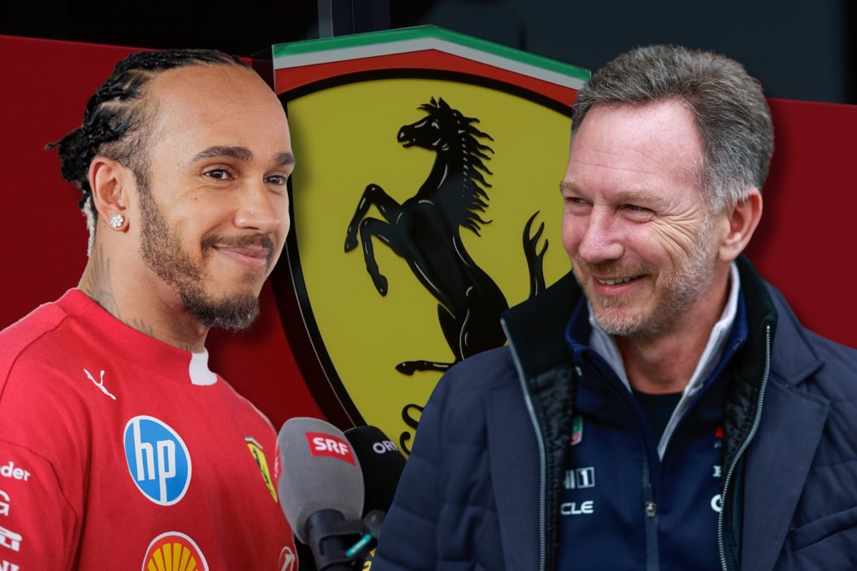 Christian Horner and Lewis Hamilton look at each other in a composite featuring a Ferrari logo background