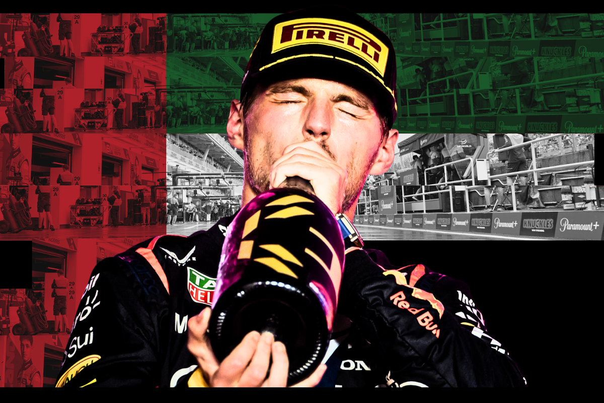 Max Verstappen swigging from a champagne bottle edited onto the background of a UAE flag