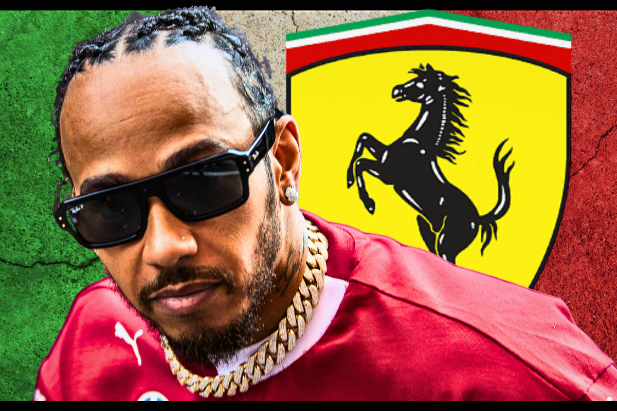 Lewis Hamilton alongside a Ferrari logo and a cracked Italian flag