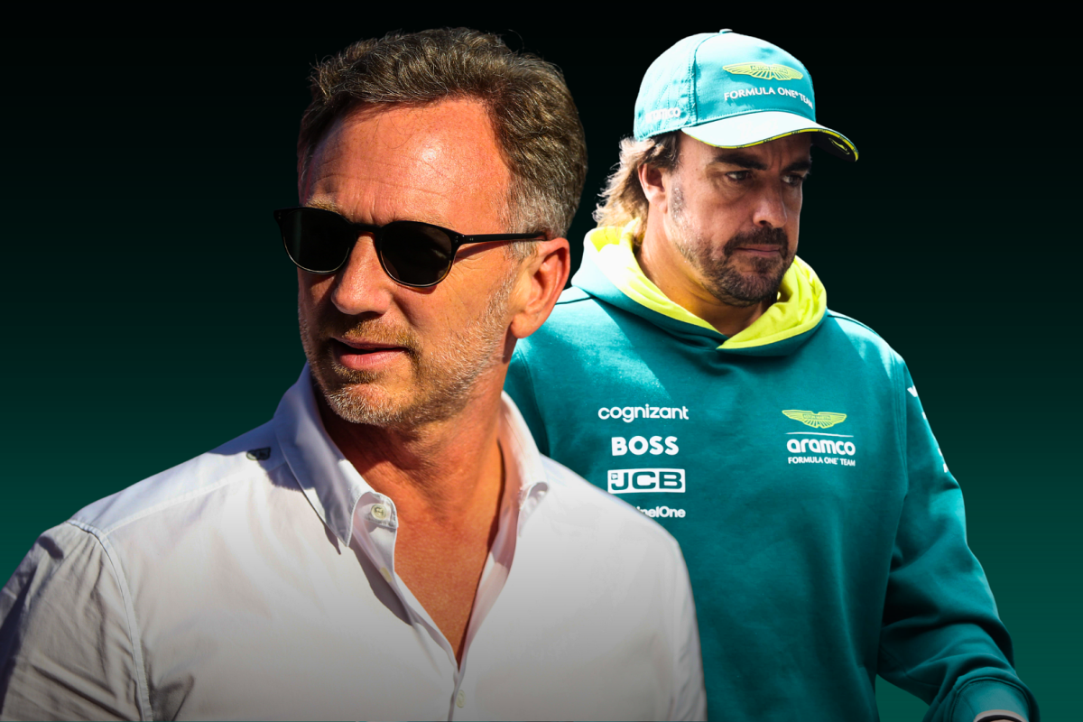 Christian Horner and Fernando Alonso looking serious on a green background 