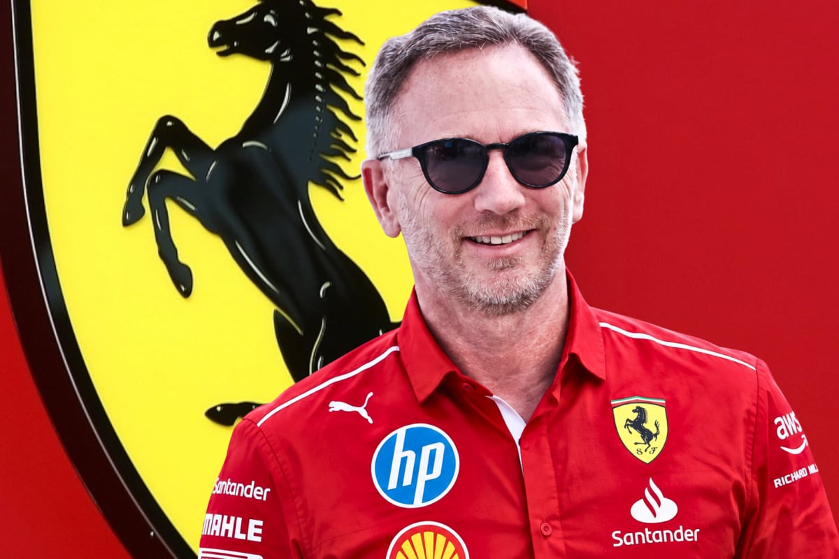 A composite image of Christian Horner in Ferrari attire and a Ferrari logo behind him