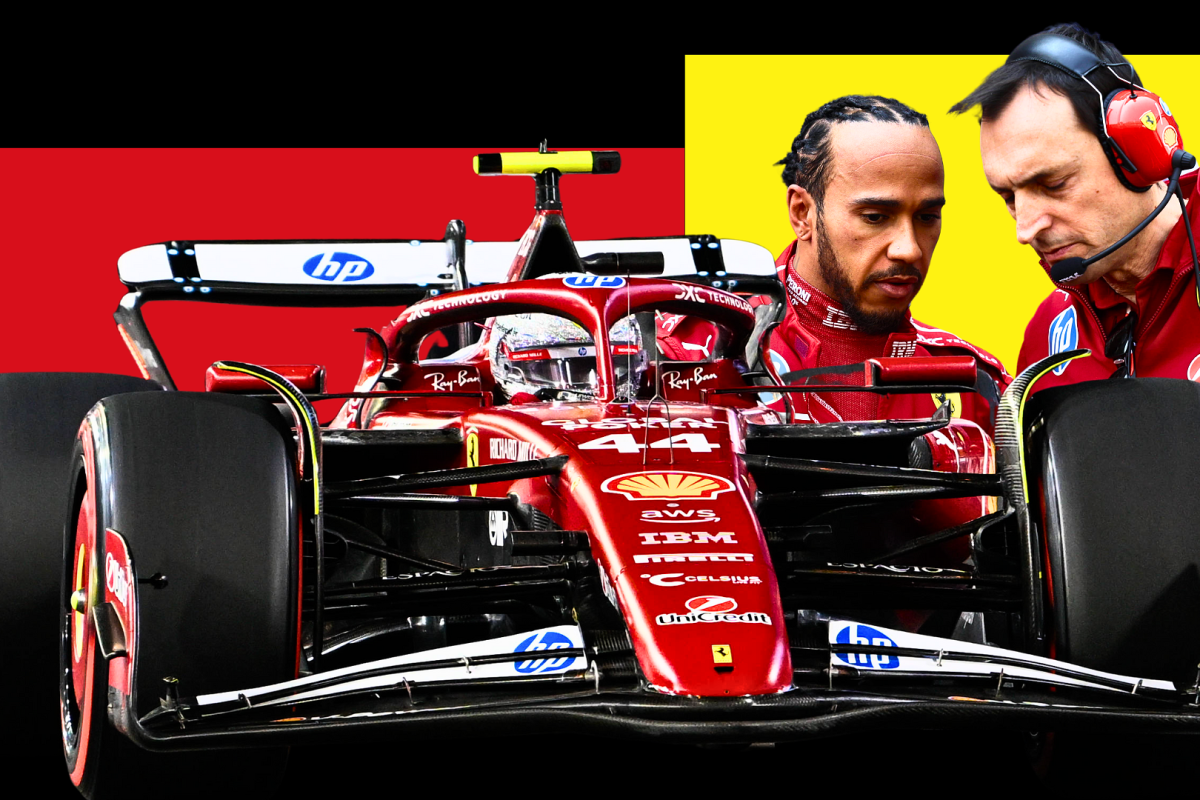 Hamilton in his Ferrari F1 car with image of Hamilton in conversation with Adami edited behind, red, yellow and black block background