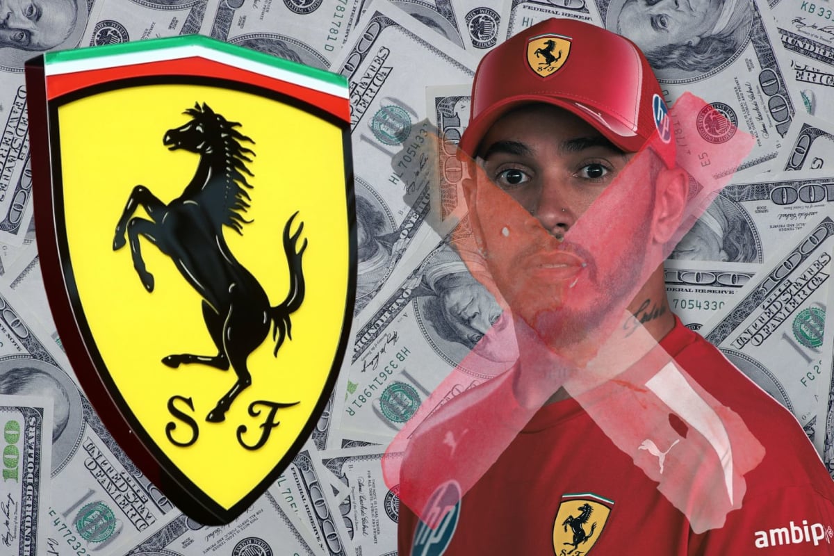Lewis Hamilton has a red x on his face next to a Ferrari logo with a cash background