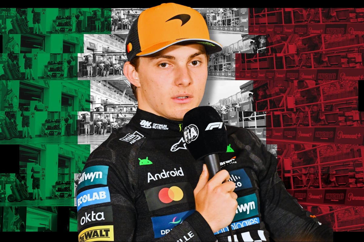 Piastri holding a mic with an Italian flag-themed backdrop