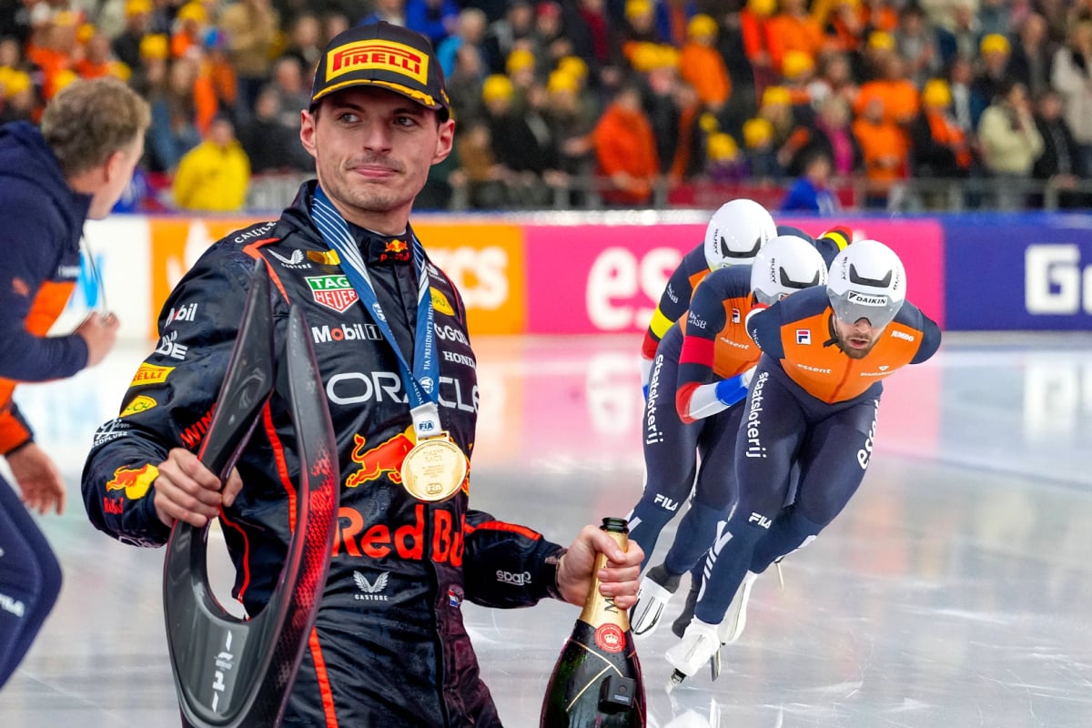 Max Verstappen super-imposed with a gold medal as the Dutch speed skating team skate round the ice behind him