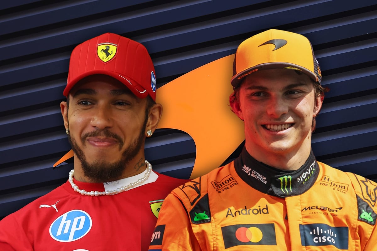 Hamilton in Ferrari kit and Piastri in McLaren kit both smirking in front of McLaren logo black and orange background