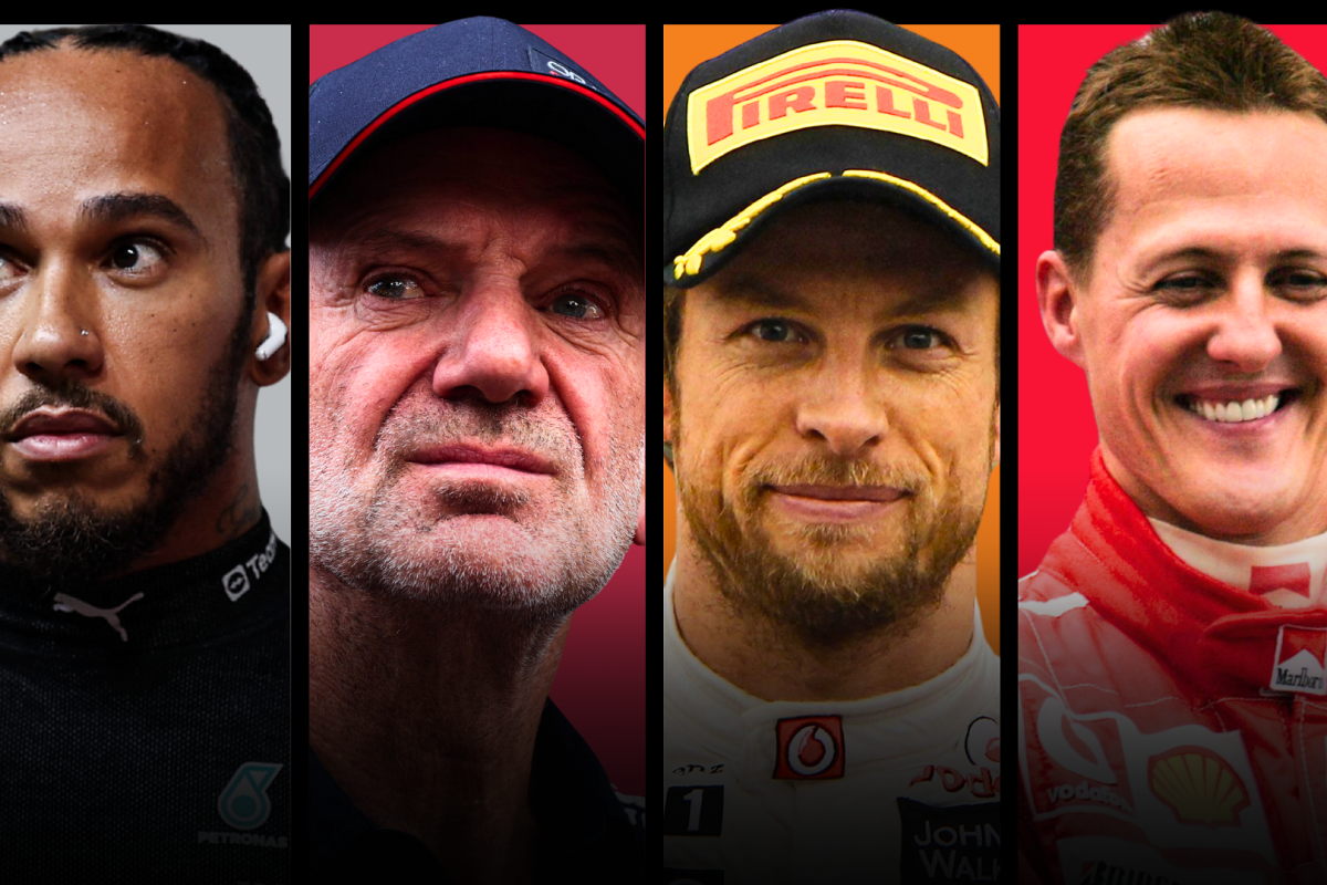 Lewis Hamilton, Michael Schumacher, Adrian Newey, Jenson Button portraits are shown