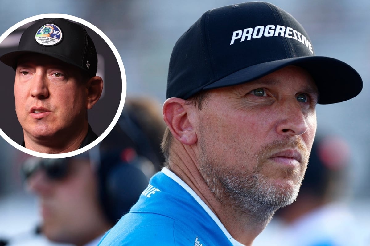 A composite image of NASCAR drivers Denny Hamlin and Kyle Busch looking angry