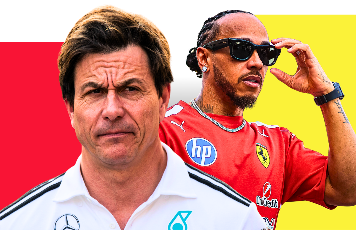 An edit of Toto Wolff and Lewis Hamilton both looking annoyed