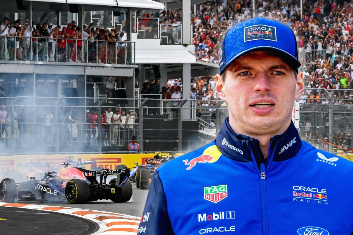 Verstappen looking shocked with a background of his Red Bull spinning on track at Miami GP