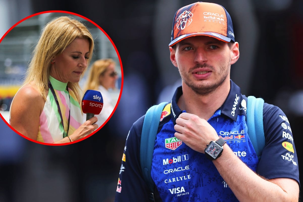 Verstappen looking uneasy on the right-hand side of image with circular inset image of Brookes with her head down holding Sky Sports mic