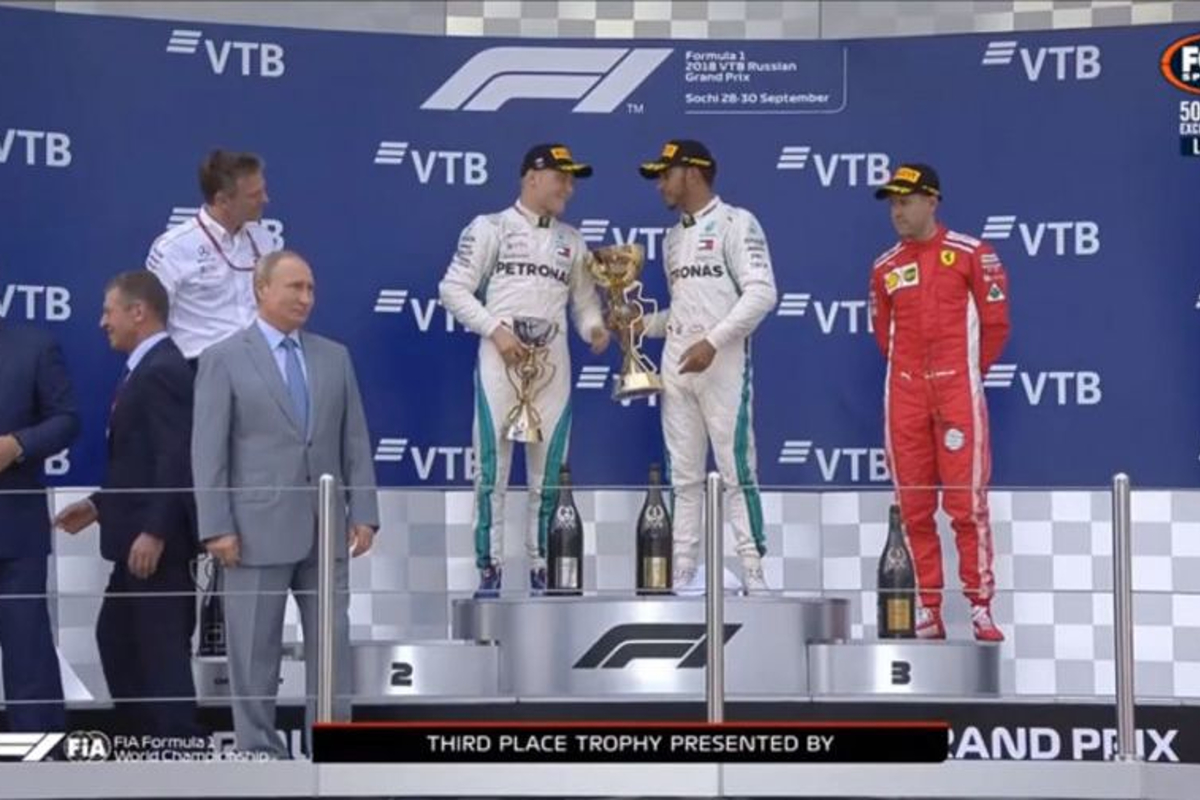 VIDEO: Hamilton offers winner's trophy to Bottas!