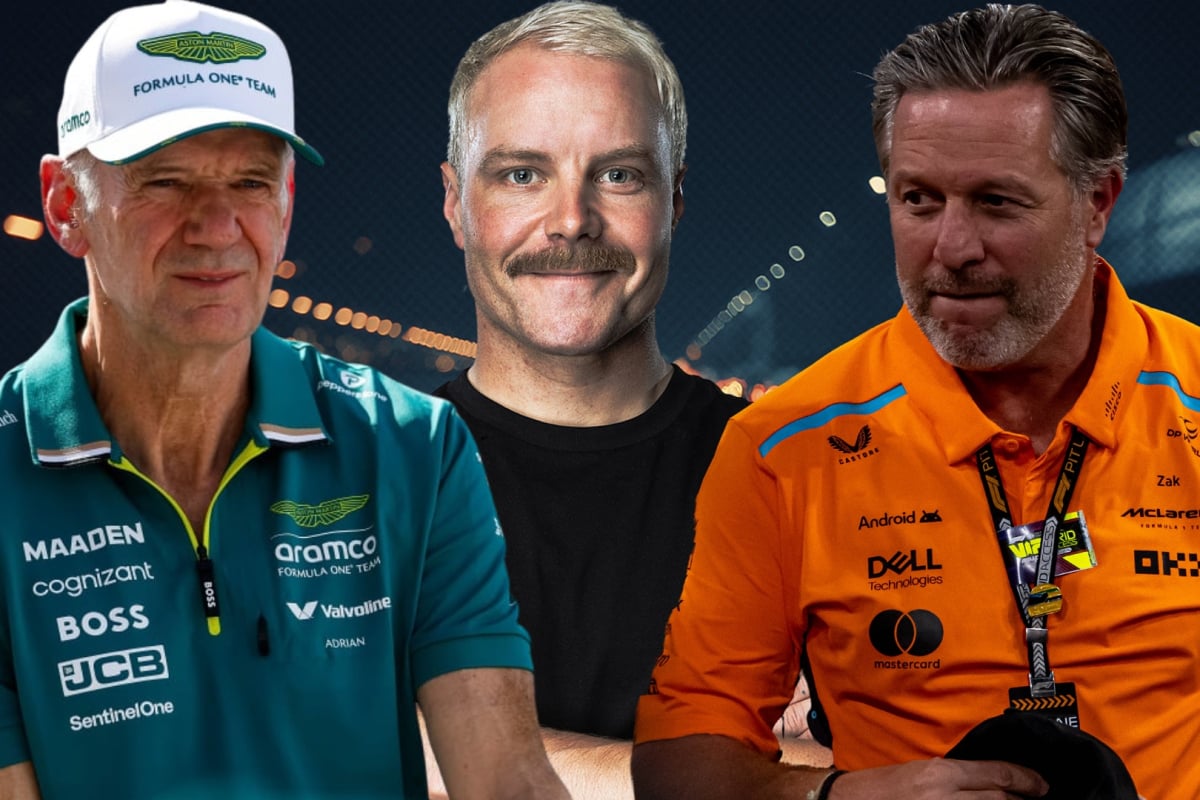 Adrian Newey, Valtteri Bottas and Zak Brown from left to right all smiling