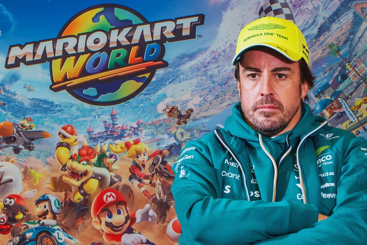 Mario Kart world background with Alonso sat crossed legged and with arms crossed looking grumpy in Aston Martin kit