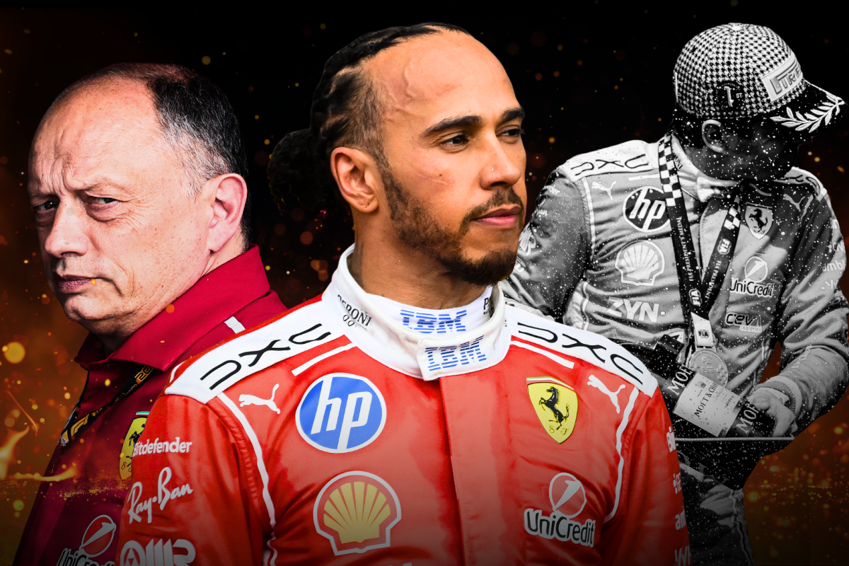 Vasseur and Hamilton side by side looking concerned with black and white image of Leclerc spraying champagne on Silverstone podium. Black background with sparks flying