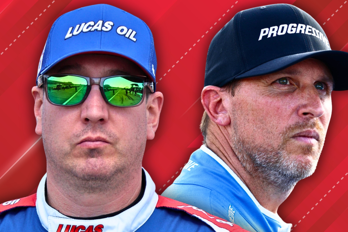 A composite image of NASCAR drivers Kyle Busch and Denny Hamlin looking angry