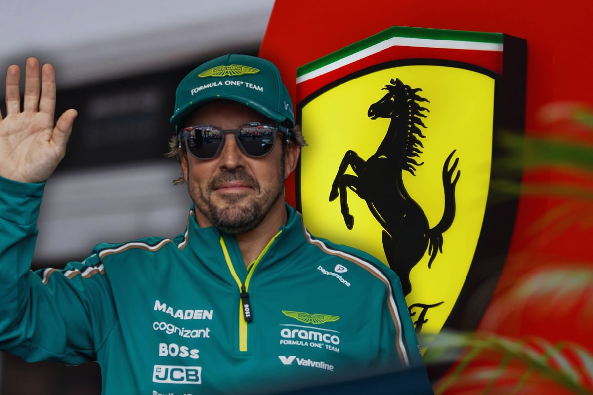 Alonso waving in Aston Martin F1 kit with the Ferrari logo edited behind him