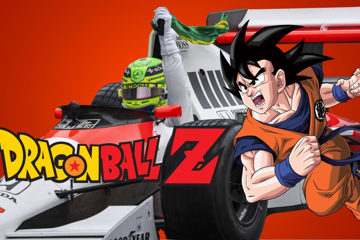 Son Goku of Dragon Ball Z leaps across the screen towards the Dragon Ball Z logo as Lewis Hamilton drives Ayrton Senna's MP4/5B in the background
