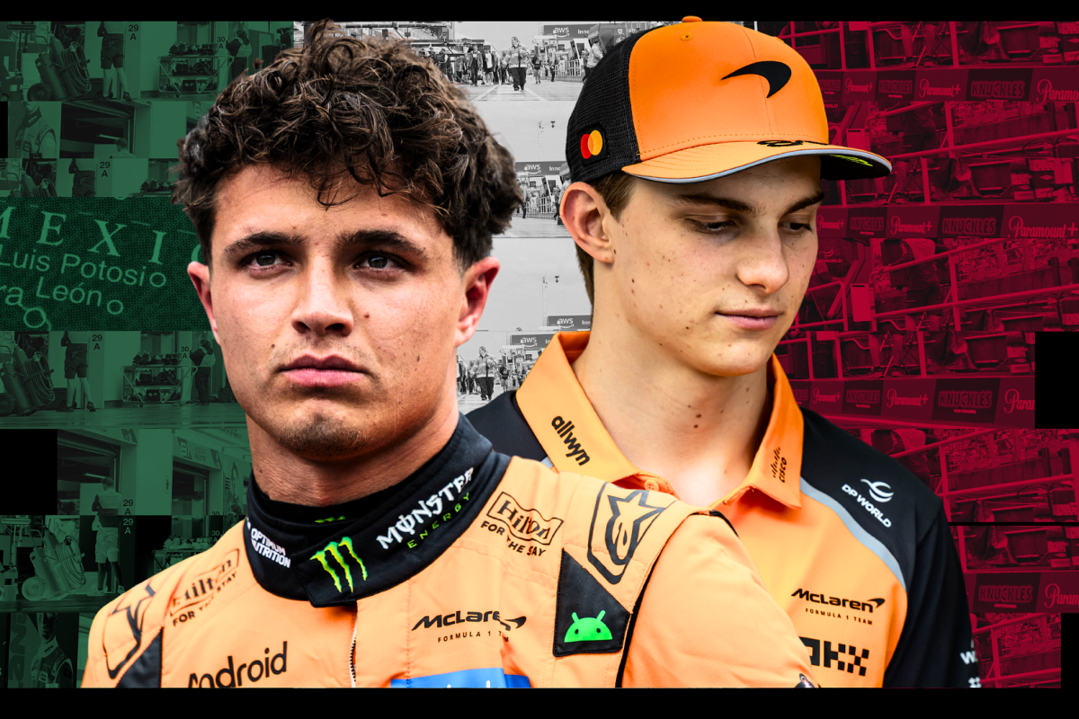 Piastri and Norris looking glum with an edited background of the F1 paddock with a Mexican flag overlay