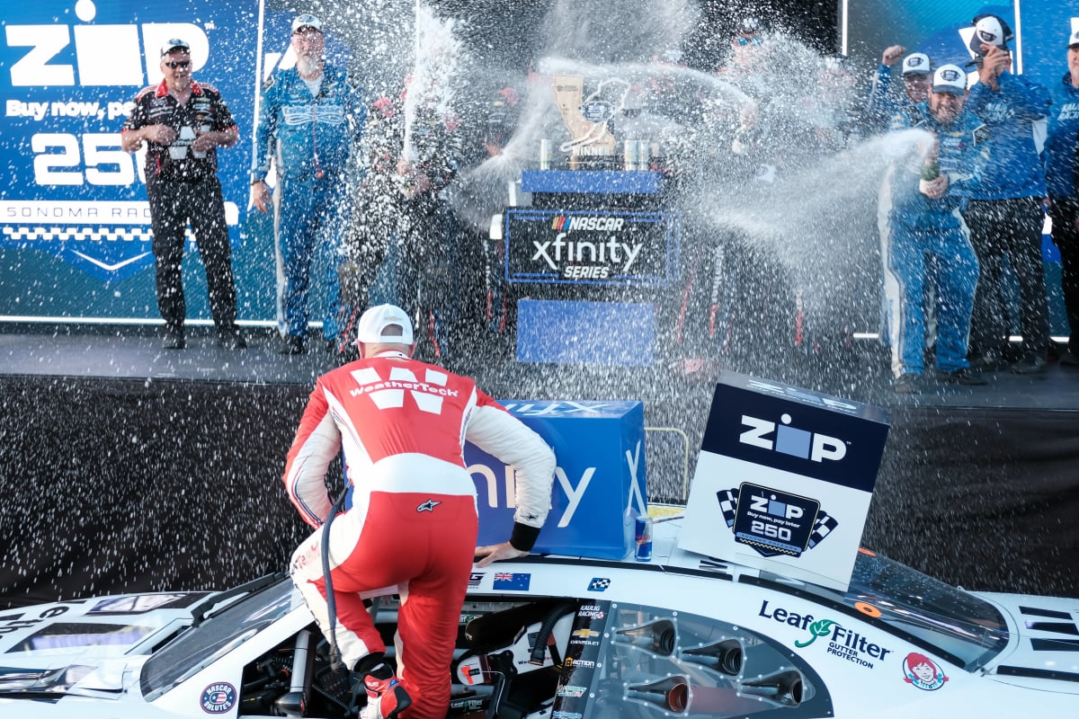 Shave van Gisbergen after winning the 2024 NASCAR Xfinity Series race at Sonoma