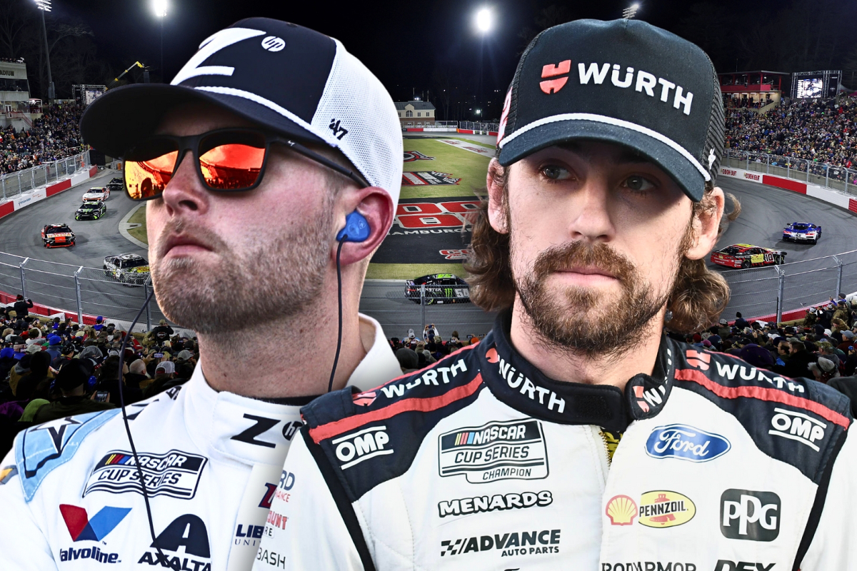A composite image of NASCAR drivers William Byron and Ryan Blaney with Bowman Gray Stadium behind them