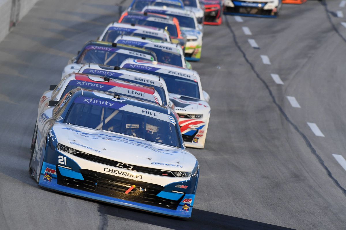 An image of Austin Hill leading the NASCAR Xfinity Series race at Atlanta in 2025