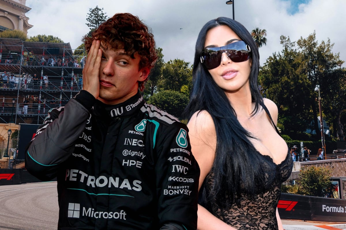Headshot of Antonelli looking annoyed next to headshot of Kim Kardashian in sunglasses and glam edited in front of Monaco hairpin