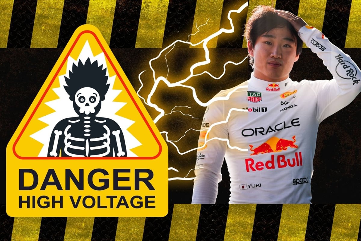 An edited image of Yuki Tsunoda getting electrocuted next to a 'Danger! High Voltage' sign which contains an illustration of a frazzled man 