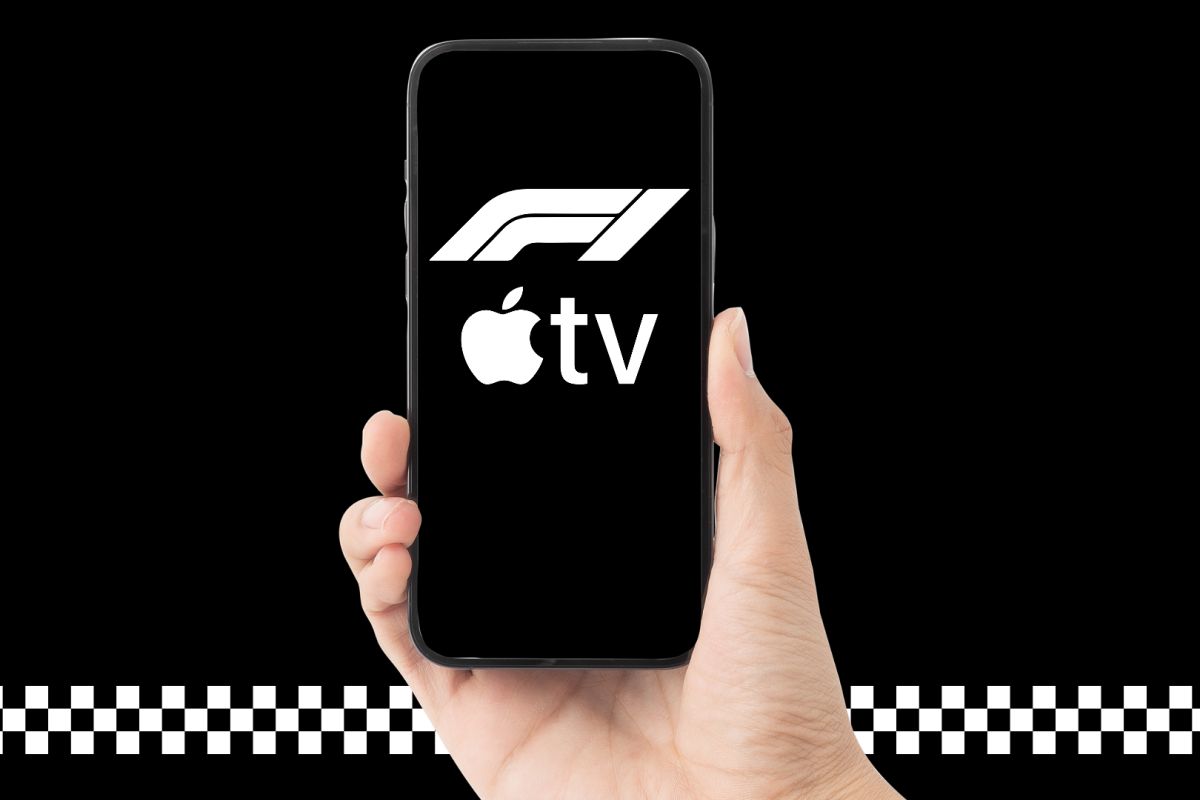 Apple TV and F1 logo on a graphic of an iphone with black and white chequered flag details in foreground on black base.