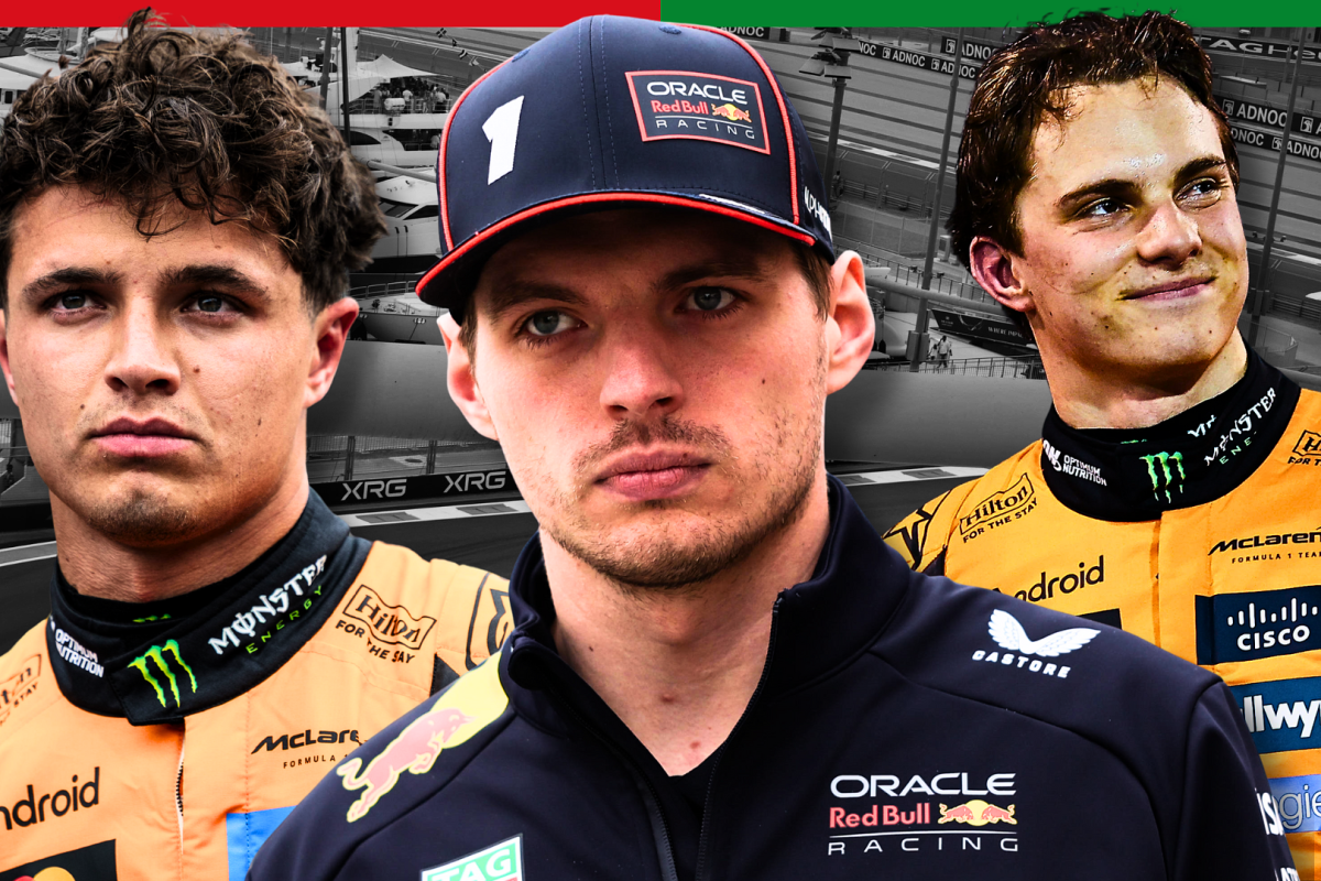 Max Verstappen, Lando Norris and Oscar Piastri look on with an Abu Dhabi track behind them