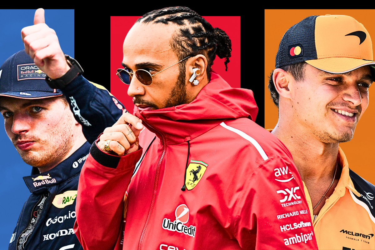 Max Verstappen is giving a thumbs up (left of image), Lewis Hamilton looks downcast in a Ferrari jacket (centre of image) and Lando Norris is smiling (right of image) in a compilation of the three drivers