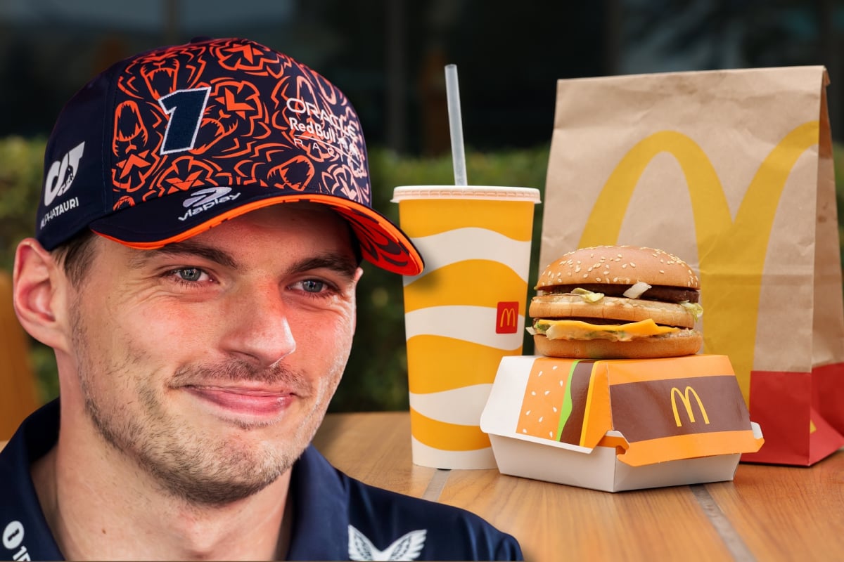Max Verstappen is cropped smiling at a McDonalds meal in a restaurant