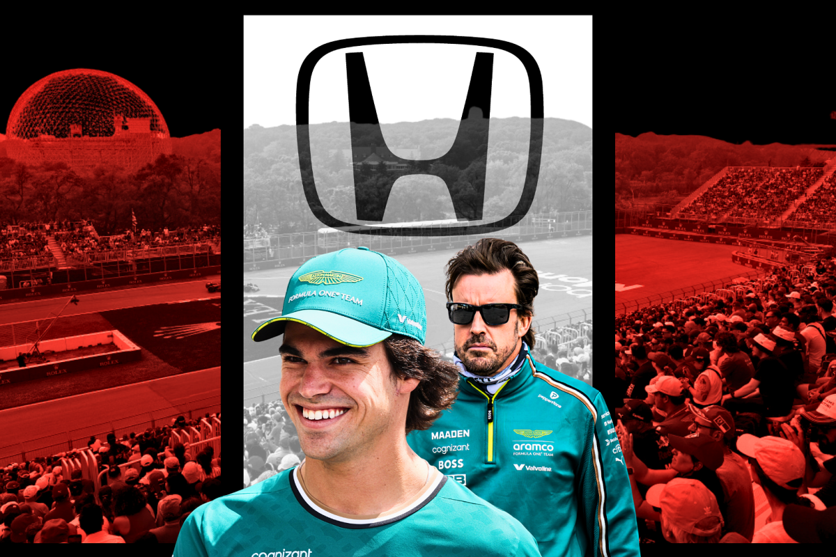 Stroll smiling, Alonso looking serious in black shades, both wearing Aston Martin green with red and white Canadian GP background and white Honda logo overlay