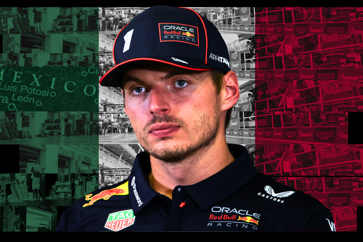 Verstappen looking disinterested in a Red Bull polo and cap with a Mexican flag-themed background