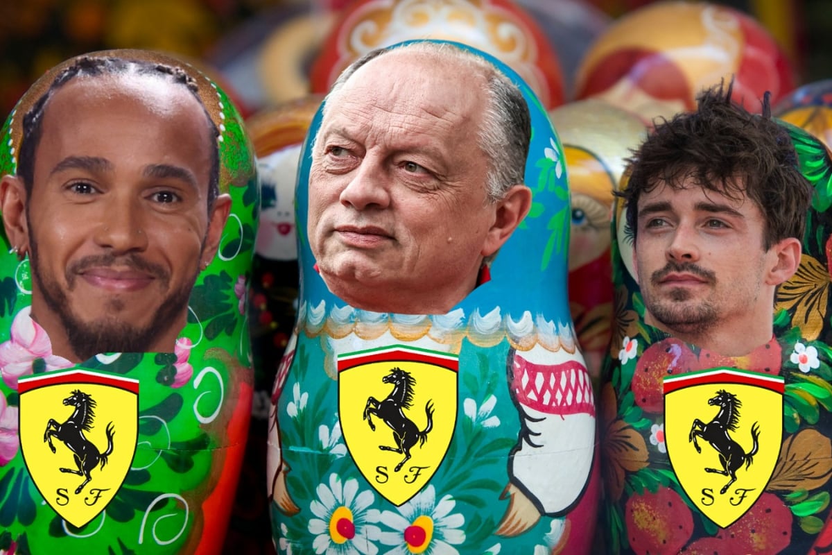 Lewis Hamilton, Fred Vasseur and Charles Leclerc's faces edited onto three Russian dolls showing Ferrari logos