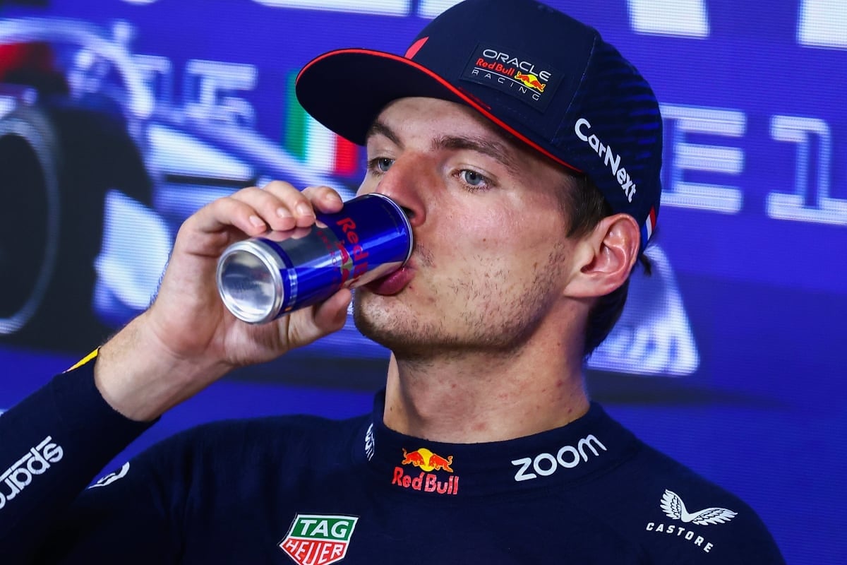 Verstappen drinking a Red Bull