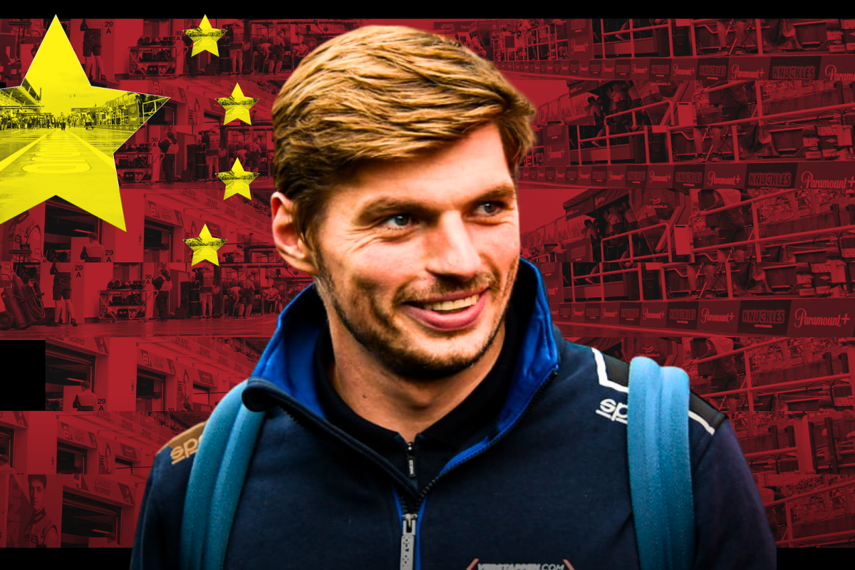 Max Verstappen is pictured in front of a Chinese flag