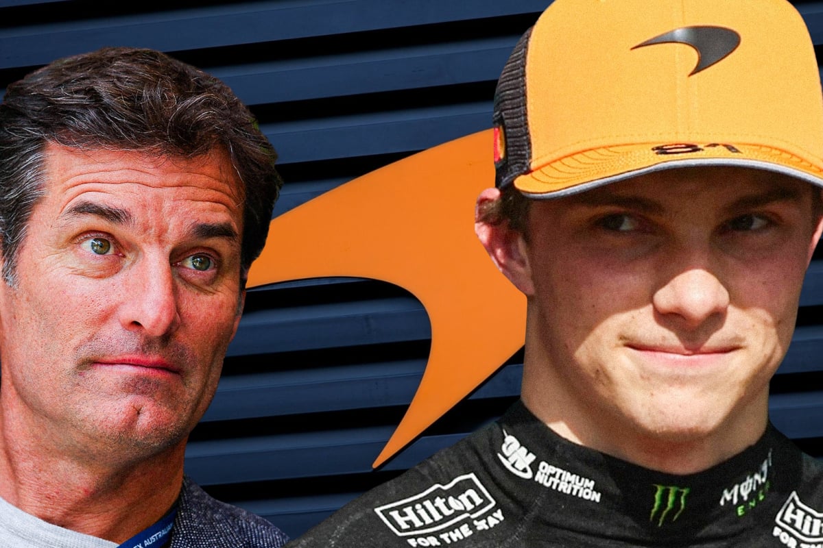 Headshots of Webber looking intrigued and Piastri smirking over background of orange McLaren logo on dark building