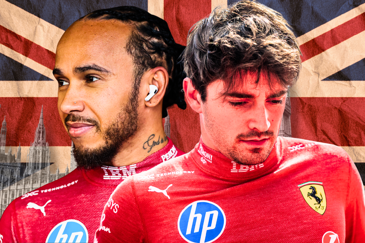 Lewis Hamilton and Charles Leclerc smile in front of the British flag