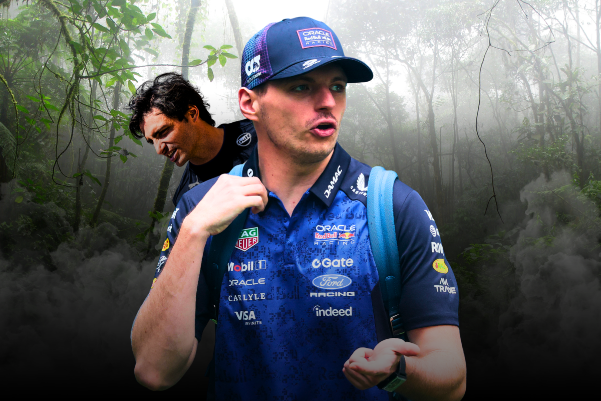 Max Verstappen in a misty jungle with Carlos Sainz behind him