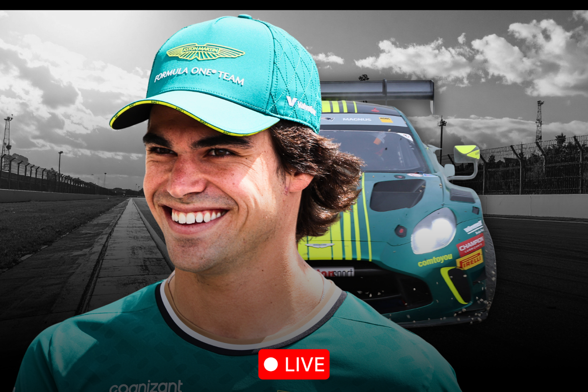 Stroll smiling in Aston Martin F1 kit with Aston Martin GT car edited behind him on black and white race track background