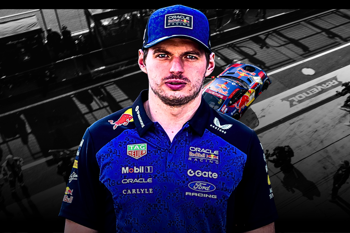 Max Verstappen edited onto a black and white background of a pitlane with his GT3 illuminated in colour 